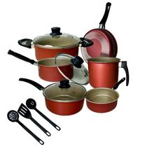 Conjunto Jogo de Panelas 9 Peças Teflon Cor Cereja e Creme