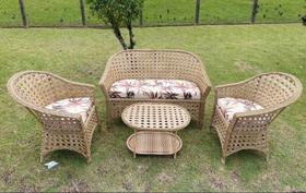 Conjunto Jogo de Sofá Tela Area Externa cor Palha Almofadas Taquaras Vermelho Promoçao