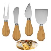 Conjunto Jogo Faca Cortar Queijo Kit 4 Pçs Inox Madeira
