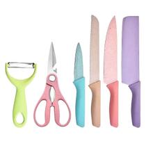 Conjunto Jogo Facas Cozinha Kit 6 Peças Churrasco Chef Com Tesoura Descascador Colorido Aço Inox