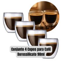Conjunto Jogo Kit 4 Copos Para Café de Vidro Borossilicato com Parede Dupla Camada 90ml Copo Xicara Xícara Transparente Expresso