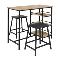 Conjunto jogo mesa bancada gourmet ciplafe 2 banquetas stilo tubo preto fosco tampo madeira carvalho montreal 1,02m assento preto