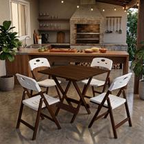 Conjunto Jogo Mesa Dobrável Elegance 70x70 8 Ripas Madeira 4 Cadeiras Imbuia Polipropileno - Branco Conjunto Jogo Mesa Dobrável Elegance 70x70 8 Ripas Madeira 4 Cadeiras Imbuia Polipropileno - Branco