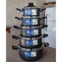 Conjunto Jogo Panelas Antiaderente Teflon 5 Peças Tampa de Vidro Borda Inox Selo de Qualidade Inmetro Dynamics Prollar Conjunto Jogo Panelas Antiaderente Teflon 5 Peças Tampa de Vidro Borda Inox Selo de Qualidade Inmetro Dynamics Prollar