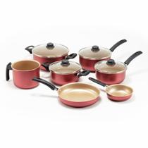 Conjunto Jogo Panelas Caçarola Antiaderente Tampa de Vidro Cereja Creme 7 pecas