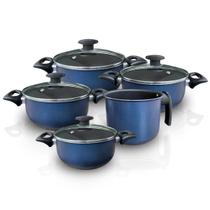 Conjunto jogo panelas caçarola c/ fervedor antiaderente azul tampa vidro