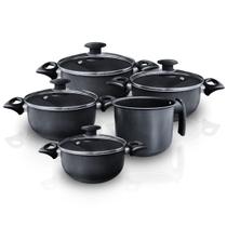 Conjunto jogo panelas caçarola c/ fervedor antiaderente preto tampa vidro Conjunto jogo panelas caçarola c/ fervedor antiaderente preto tampa vidro