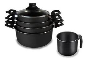 Conjunto Jogo Panelas Com Fervedor Antiaderente Teflon Preto Tampa de Vidro