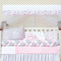 Conjunto Jogo Para Mini Berço Nuvem Trança Menina 10 Peças Com Edredom