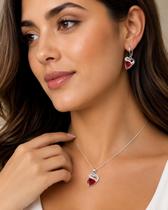Conjunto Joia Feminina Prata 925 com Zircônia Vermelha em Coração - Elegância Atemporal