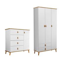 Conjunto Jujuba Guarda Roupa e Comoda em Mdf Nature / Branco