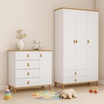 Conjunto Jujuba Roupeiro e Comoda em Mdf Nature e Branco