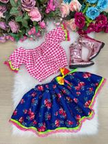 Conjunto Junino Banana Club Luxo Mirela Saia Florida Azul