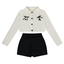 Conjunto Juvenil Blusa laços E Short Saia Off/Preto - Menina Anjo