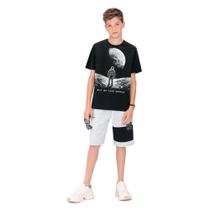 Conjunto Juvenil Lemon Camiseta Algodão Bermuda Moletom Leve Preto/Mescla White