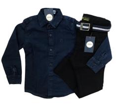 conjunto juvenil menino camisa jeans calça sarja preta masculino 10 12 14 e 16anos