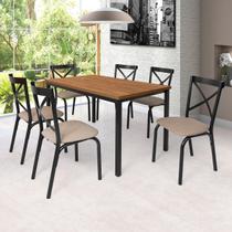 Conjunto Karina Flex 1,36m Tampo Laminado com 6 Cadeiras Preto/Fosco/Linho Bege/Amendoa