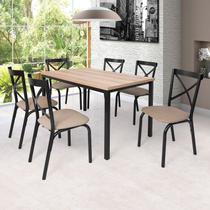 Conjunto Karina Flex 1,36m Tampo Laminado com 6 Cadeiras Preto/Fosco/Linho Bege