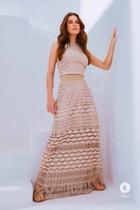 Conjunto Kimika renda saia com franjas, cropped cavado M