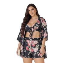 Conjunto Kimono Feminino 3 Peças Plus Size Shorts Moda Praia Conjunto Plus Preto Com Rosa Florido