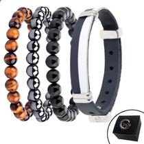 Conjunto KIT 04 Pulseiras de Couro Minimalista Branco Azul e Pedras Naturais e Fecho Strap Plug Ajustável