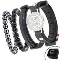 Conjunto KIT 04 Pulseiras de Couro Preto SÃO BENTO e Pedras Naturais e Fecho Strap Plug Ajustável