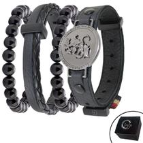 Conjunto KIT 04 Pulseiras de Couro Preto SÃO JORGE e Pedras Naturais e Fecho Strap Plug Ajustável