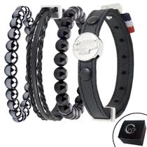 Conjunto KIT 04 Pulseiras de Couro Preto SÃO JOSÉ e Pedras Naturais e Fecho Strap Plug Ajustável