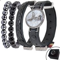 Conjunto KIT 04 Pulseiras de Couro Preto SÃO MIGUEL ARCANJO e Pedras Naturais e Fecho Strap Plug Ajustável