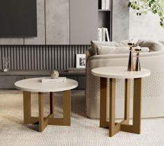 Conjunto Kit 2 Mesa De Centro Luxo Decoração Sala- Pérola/Nature