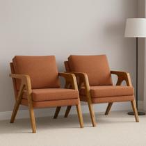 Conjunto Kit 2 Poltronas Mona Estofado Em Linho Decorativa Moderno Pés De Madeira Maciça Sala Estar Quarto Recepção