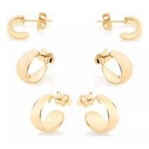 Conjunto kit 3 brincos banhado ouro 3x 24k 18k e 22k femininos argola rommanel primeiro segundo e terceiro furo 526726 524526 525886