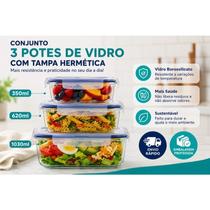 Conjunto Kit 3 Pote Tigela Vidro Retangular 350/620/1030ml Tampa Hermética Marmita Freezer Forno Mic Conjunto Kit 3 Pote Tigela Vidro Retangular 350/620/1030ml Tampa Hermética Marmita Freezer Forno Mic