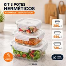 Conjunto Kit 3 Potes de Vidro Hermetico Quadrado Marmita Fitness 280ml 486ml 730ml Conjunto Kit 3 Potes de Vidro Hermetico Quadrado Marmita Fitness 280ml 486ml 730ml