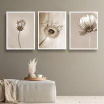 Conjunto kit 3 quadros decorativos quarto sala floral bege paradise - REAL DECORA
