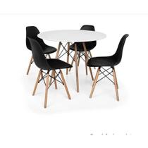 Conjunto Kit 4 Cadeiras Eiffel Eames Preta + 1 Mesa Eames 80cm Branca Base Madeira Sala Cozinha