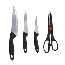 Conjunto Kit 4 Peças Para Cozinha Inox Prático Tesoura Facas Moderno Multiuso