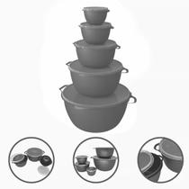 Conjunto Kit 5 Potes Organizadores Bowls Tampa Transparente Plástico Livre BPA Cinza