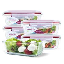 Conjunto Kit 5 Potes Vidro Hermético Retangular Tampa Marmita Mantimentos 640ml