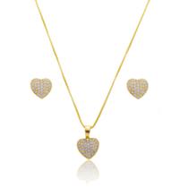 Conjunto Kit Brinco Colar Coração Delicado Banho de Ouro 18k