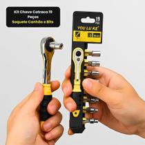 Conjunto KIt Chave Catraca Profissional 19 Peças Soquete Canhão Bits Aço Carbono Reversível
