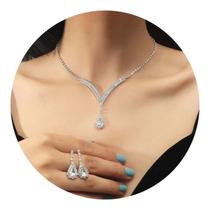 Conjunto Kit Colar Brincos Festas Luxo Prateado Casamento
