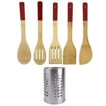 Conjunto Kit Colheres De Madeira Bambu Cozinha 6 Peças Vermelho