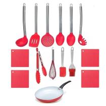 Conjunto Kit Colheres De Silicone Utensílios 15 Peças Frigideira 20cm Cozinha Vermelha