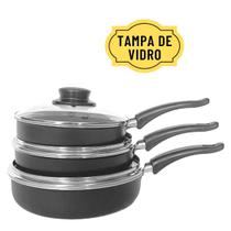 Conjunto Kit de Frigideiras 3 Peças Antiaderente Com Tampa De Vidro