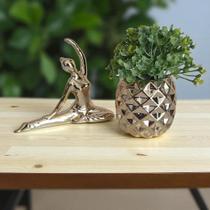 Conjunto Kit Decorativo Enfeite de Mesa Com Estatua Bailarina Ioga e Vaso Rose Dourado Prata
