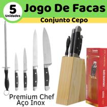 Conjunto Kit Facas Premiun Chef Cozinha Inox Com Cepo 5 pçs - 75.566.04 - Corneta