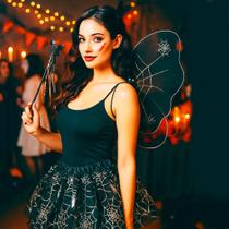 Conjunto kit Fantasia Halloween Adulto Infantil Saia Tule Tiara Asas Borboleta top preto Conjunto kit Fantasia Halloween Adulto Infantil Saia Tule Tiara Asas Borboleta top preto