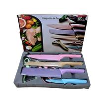Conjunto Kit Jogo De Facas Tesoura Cozinha Churrasco Chef 6 Peças Aço Inox Tons Pasteis KeHome