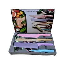 Conjunto Kit Jogo De Facas Tesoura Cozinha Churrasco Chef 6 Peças Aço Inox Tons Pasteis KeHome